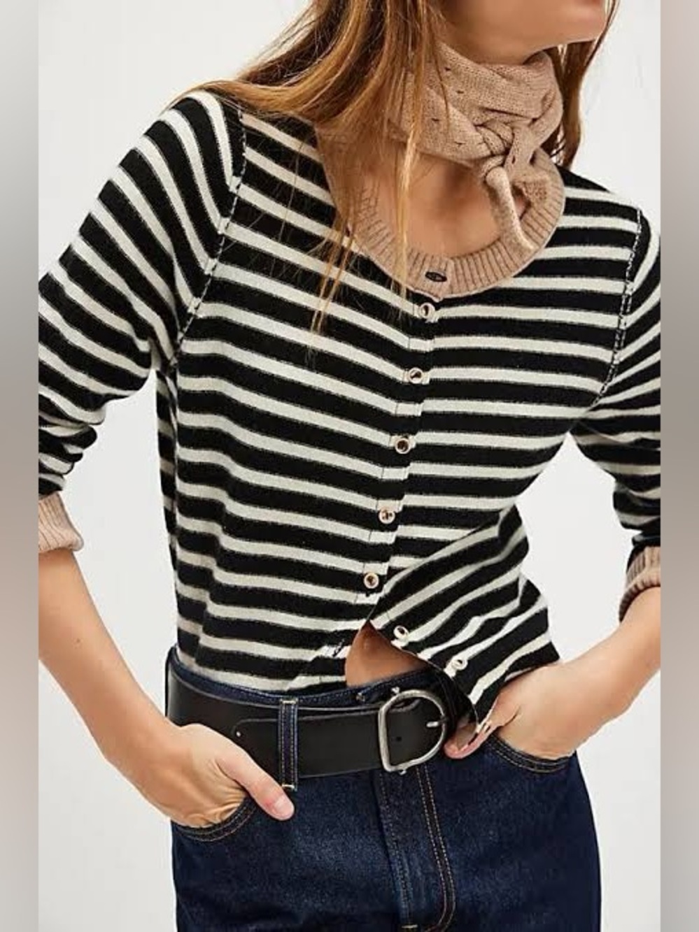 Free People Black & Cream Striped Button-Up Cardigan